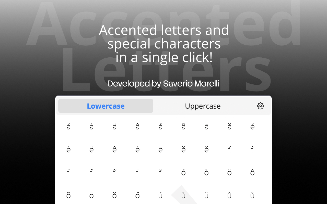 Accented Letters popup with lowercase accented characters ready to copy