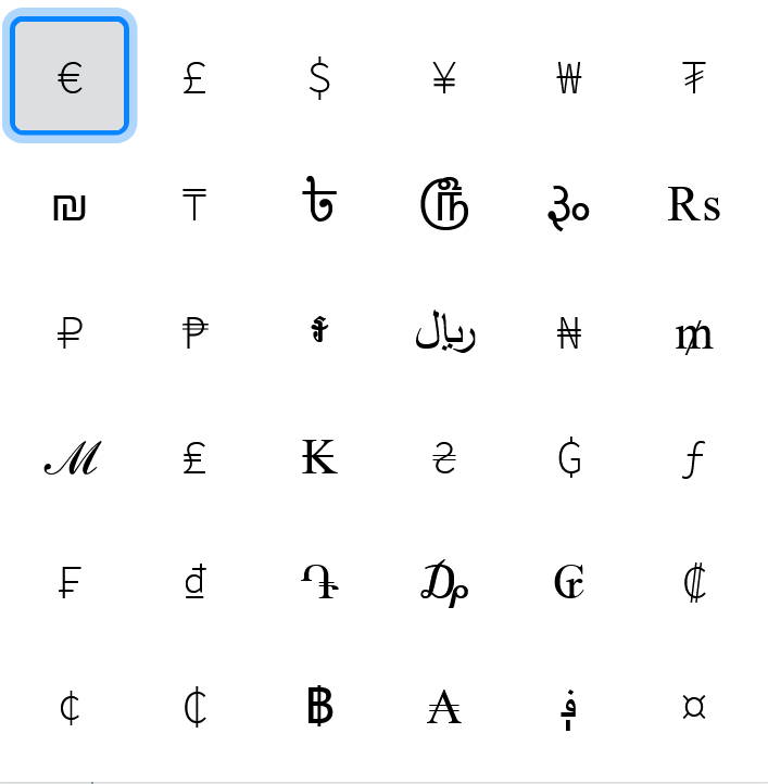 All Currencies popup showing a grid of currency symbols such as €, £, $, ¥, ₩, ₪, Rs, ₽, ₦, ฿ and ¤, with the euro button highlighted