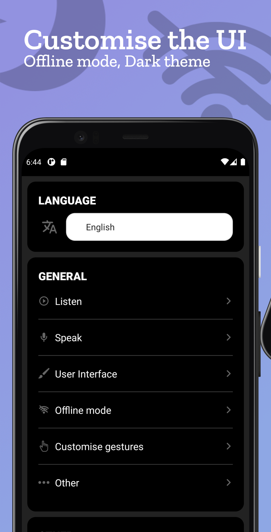 Settings screen in dark theme with a language selector and sections for Listen, Speak, User Interface, Offline mode, Customise gestures and Other