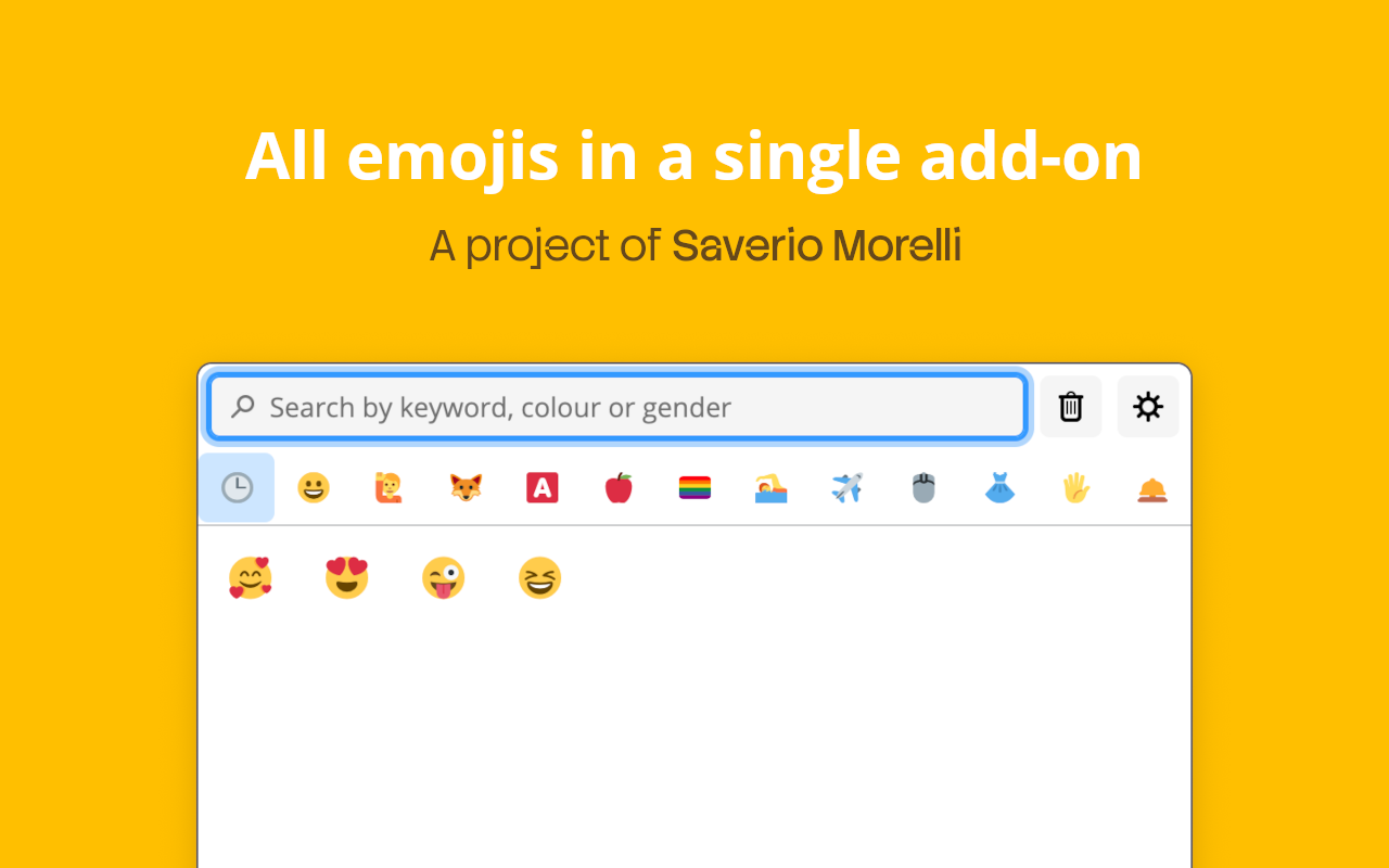 Emoji popup with a search box for keyword, colour or gender, category tabs and a row of most used emojis, under the heading “All emojis in a single add-on”