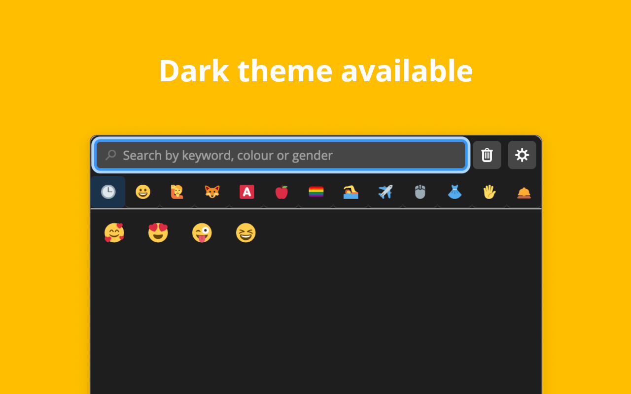 Emoji popup in the dark theme, with the search box, category tabs and most used emojis