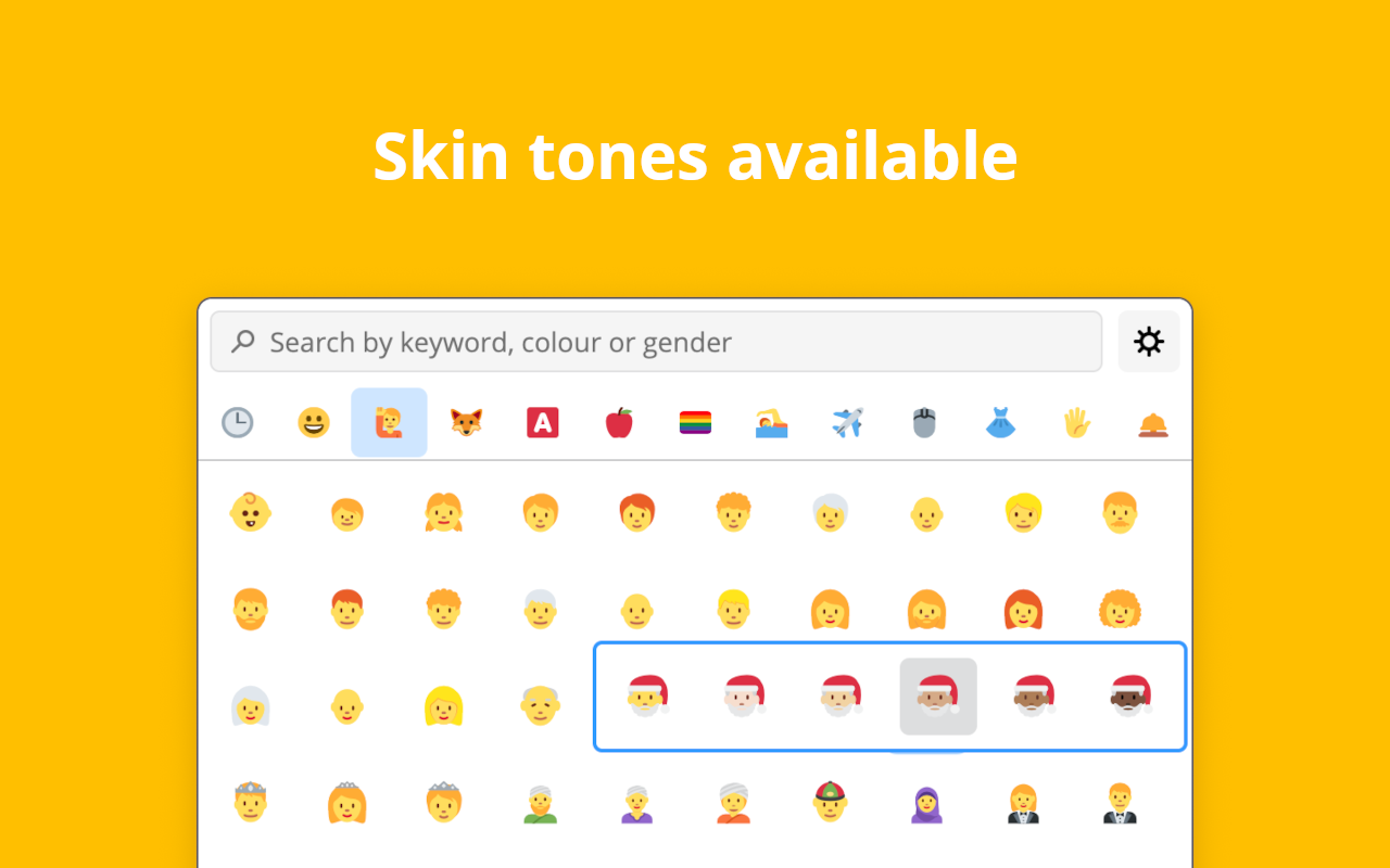 People category in the Emoji popup with a highlighted row of Santa Claus emojis in different skin tones