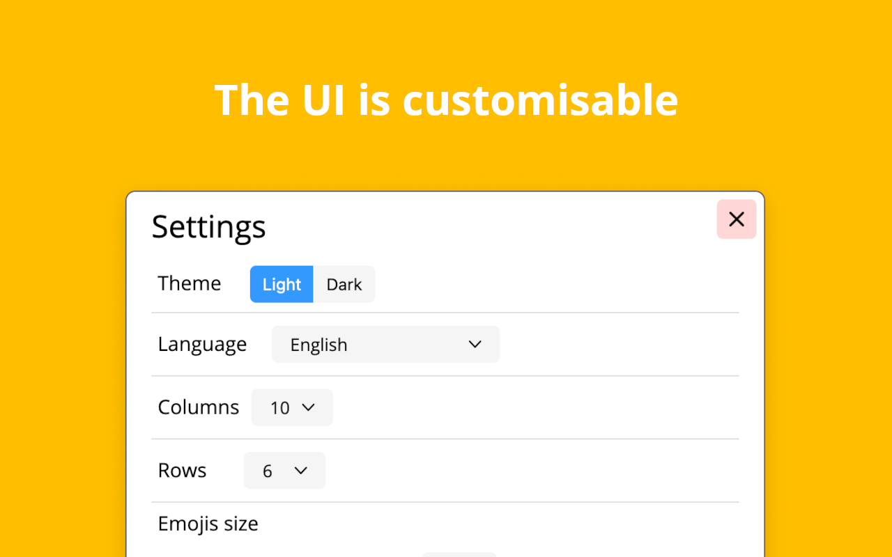 Emoji Settings panel with theme, language, columns, rows and emoji size options