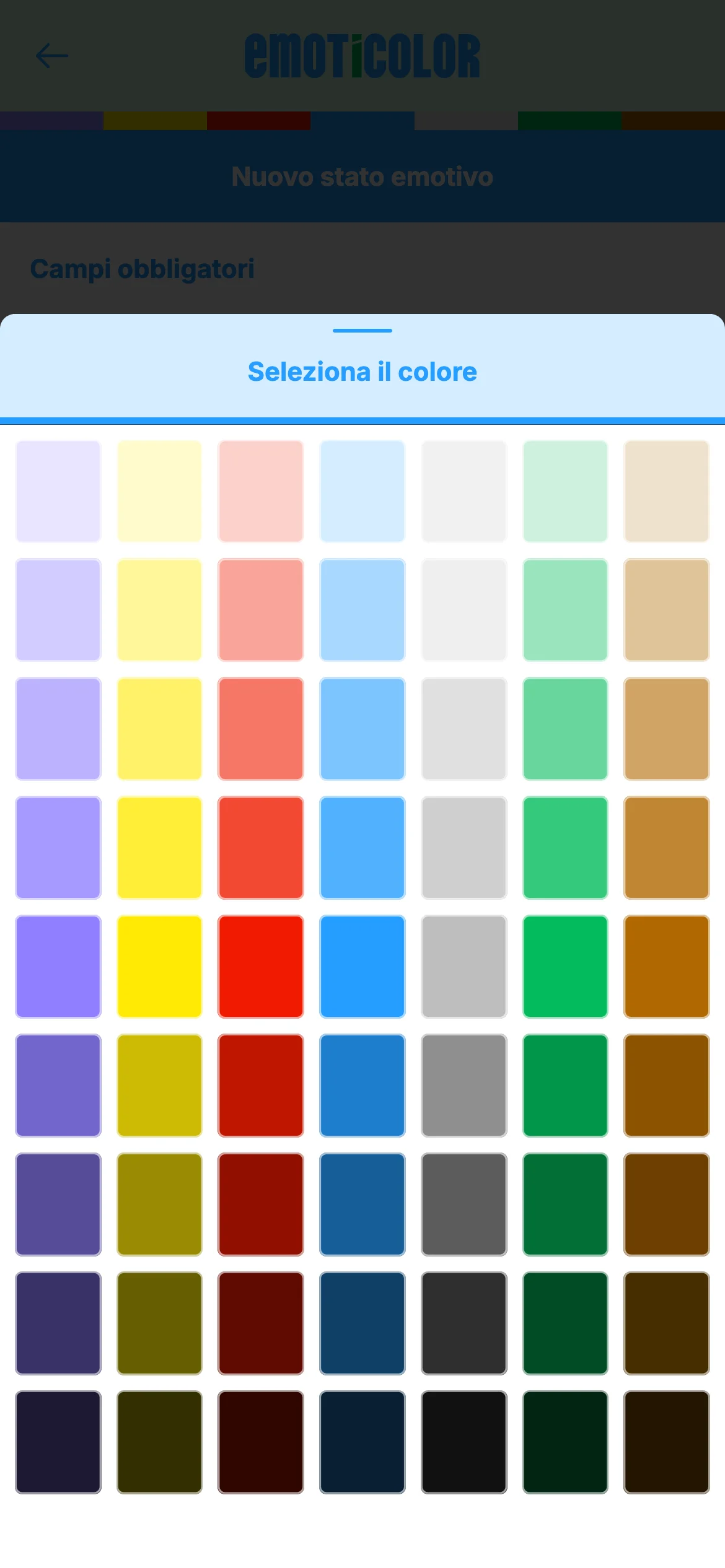 Color picker showing a full grid of colors from light pastels to deep saturated tones, used to express the shade of an emotion