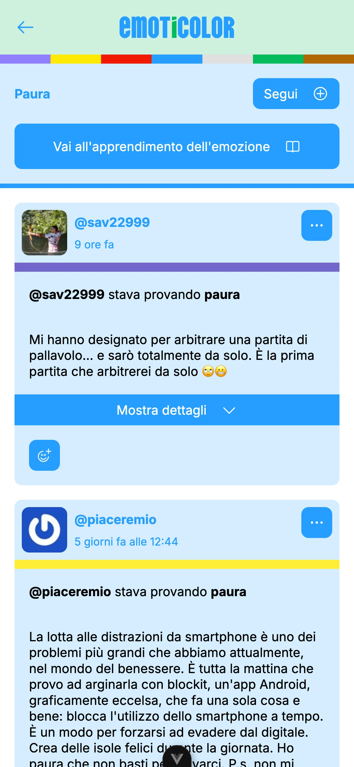 Emotion page for Fear showing a follow button, a link to start learning about the emotion, and related posts