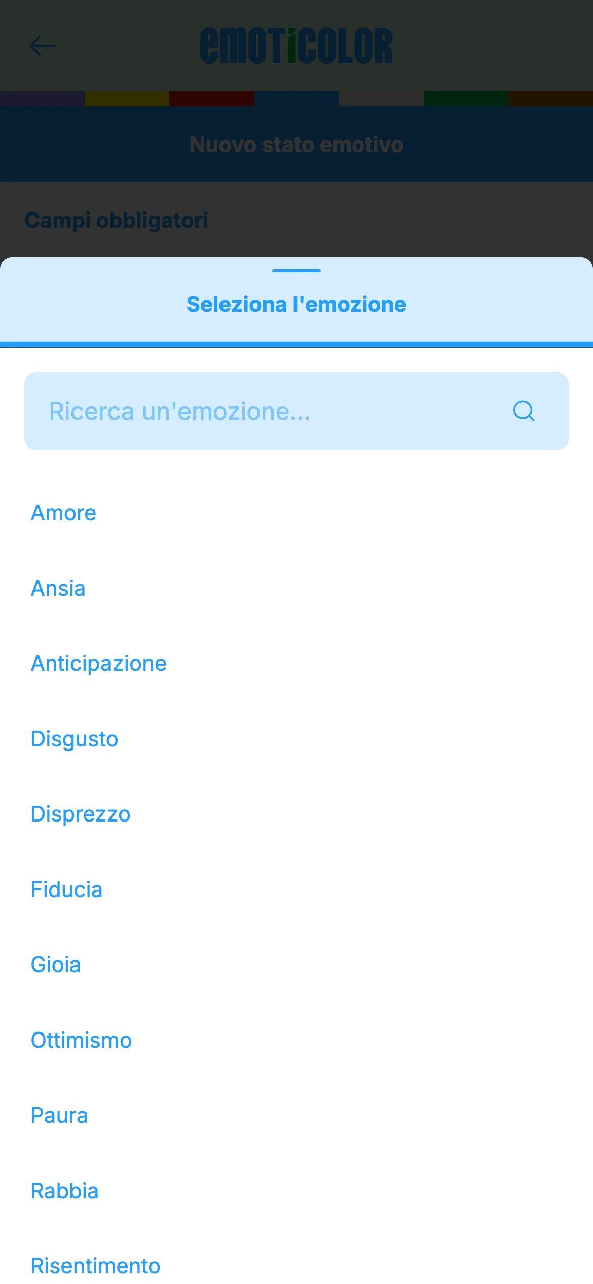 Emotion selector listing all available emotions: love, anxiety, anticipation, disgust, contempt, trust, joy, optimism, fear, anger and more