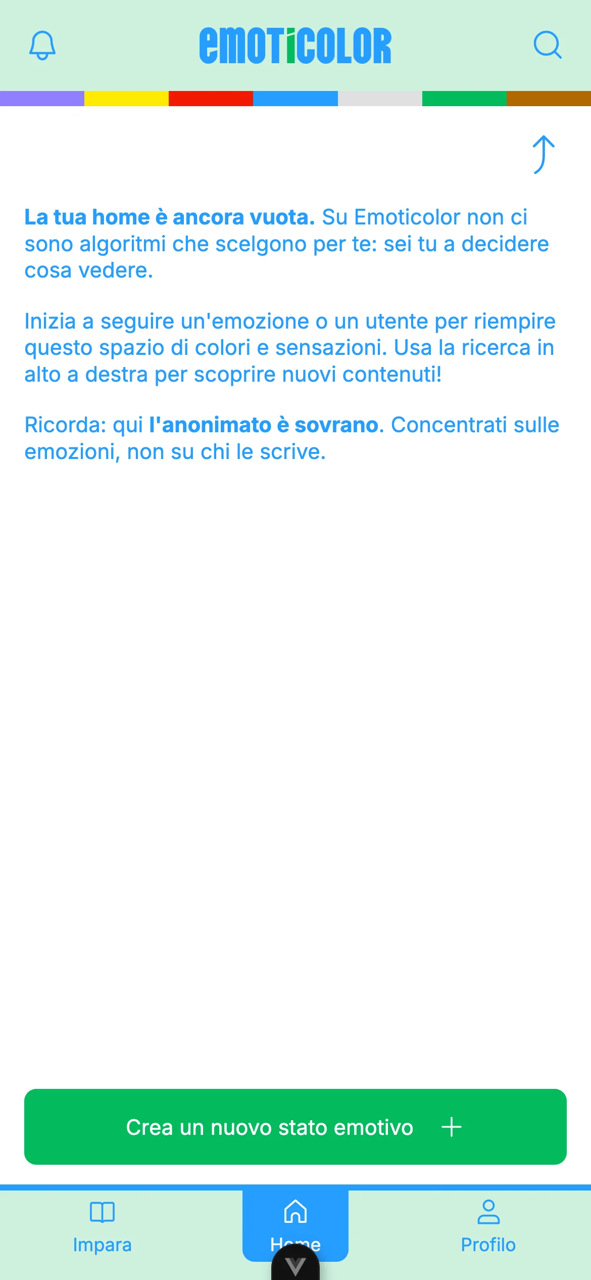 Empty home screen explaining that Emoticolor has no algorithms: the user decides what to see by following emotions or other users