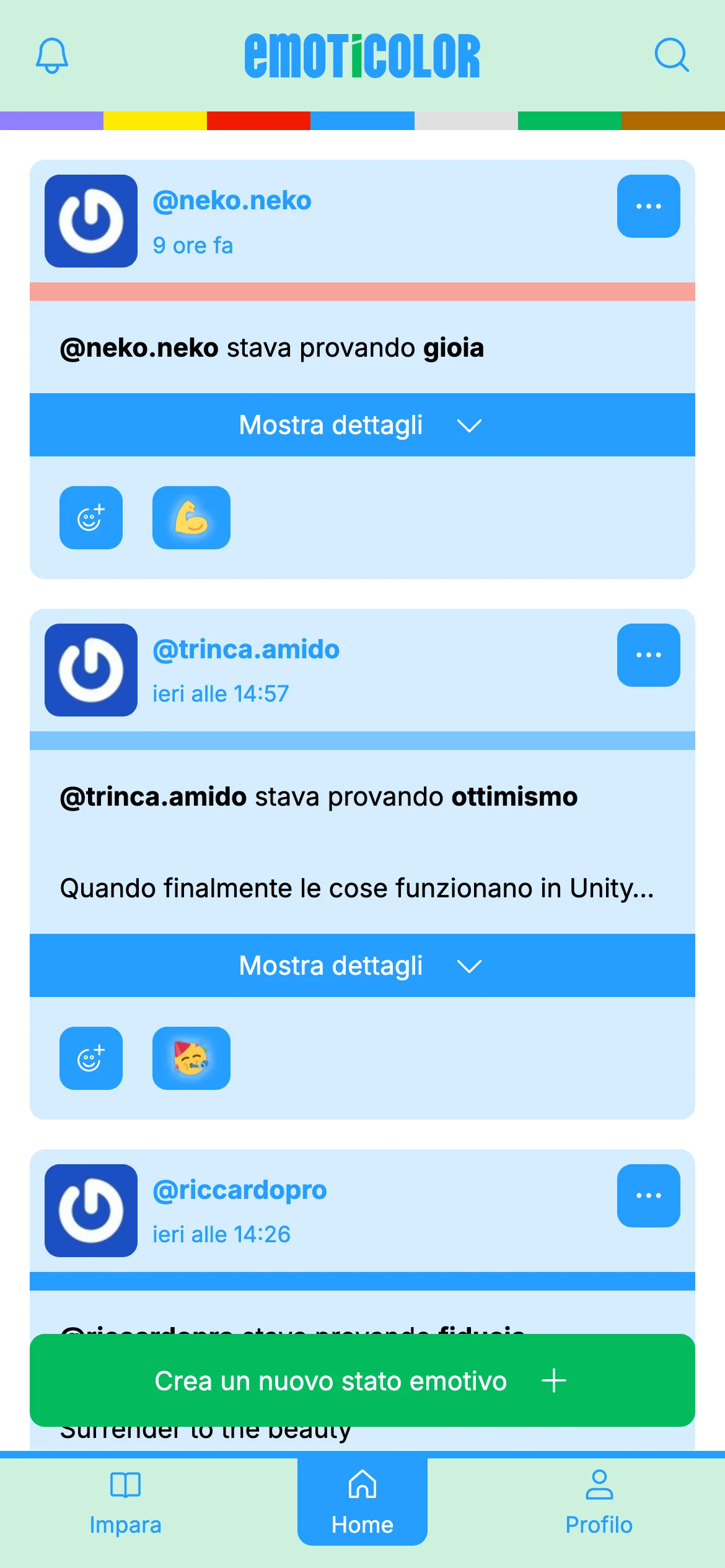 Home feed showing posts from users sharing emotions like joy, optimism and trust, with reaction buttons and a create button