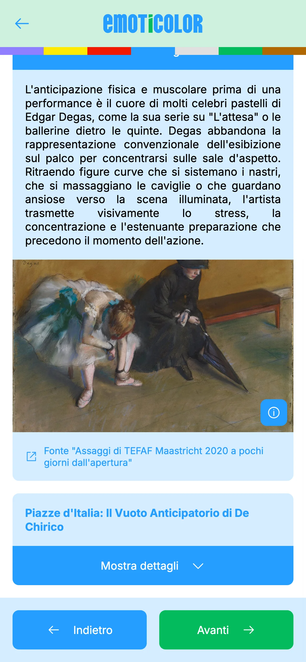 Detailed learning content about anticipation in Degas' ballet paintings, with a reproduction of a Degas pastel and source attribution