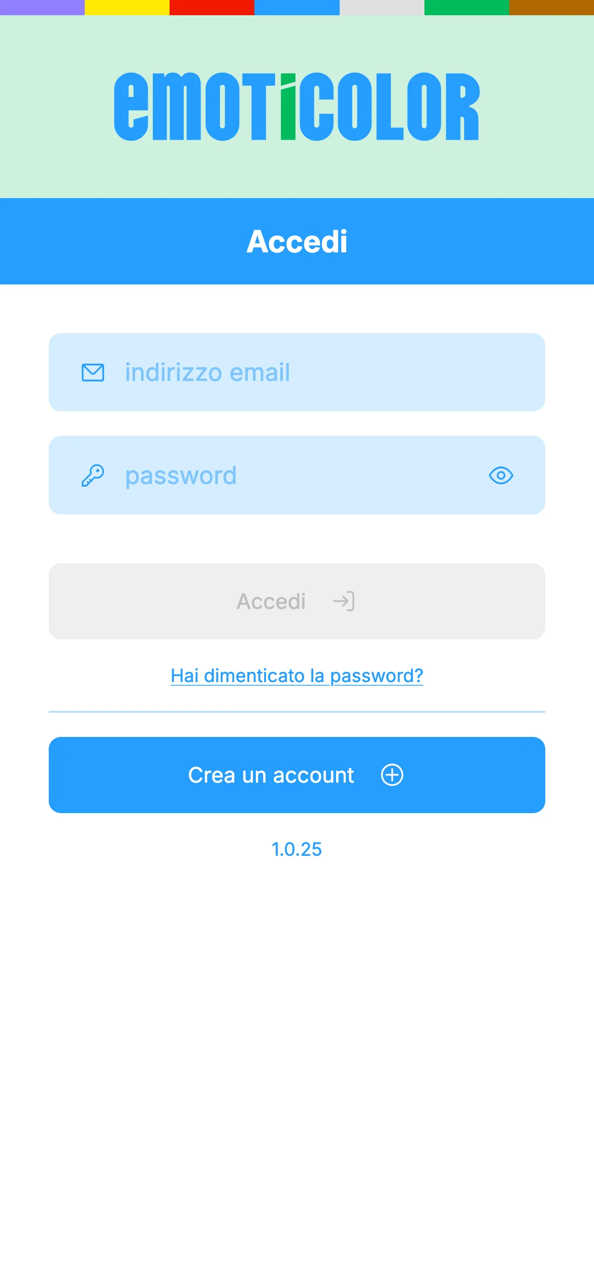 Login screen showing the Emoticolor logo, email and password fields, a sign-in button and a create account option