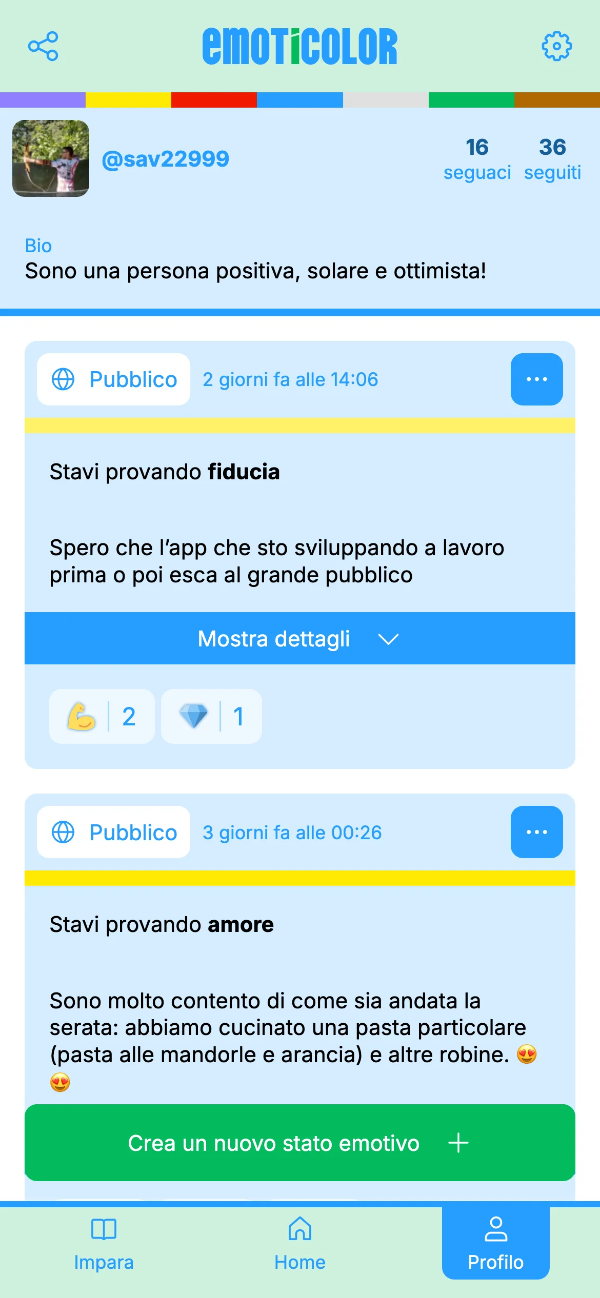 User profile page showing bio, follower counts, and emotional posts with colored borders and reaction buttons