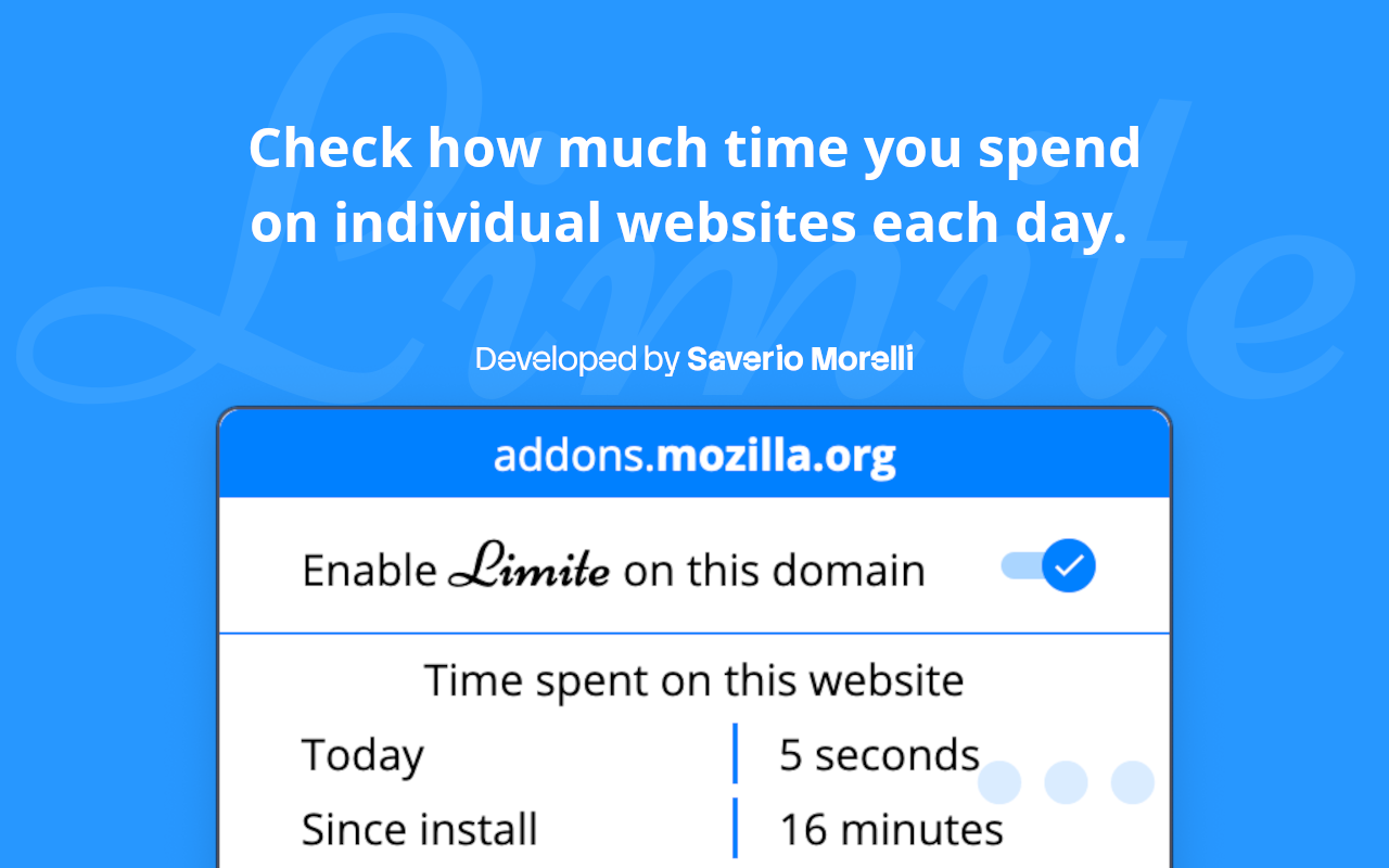 Limite popup showing the time spent today and since install on the current website