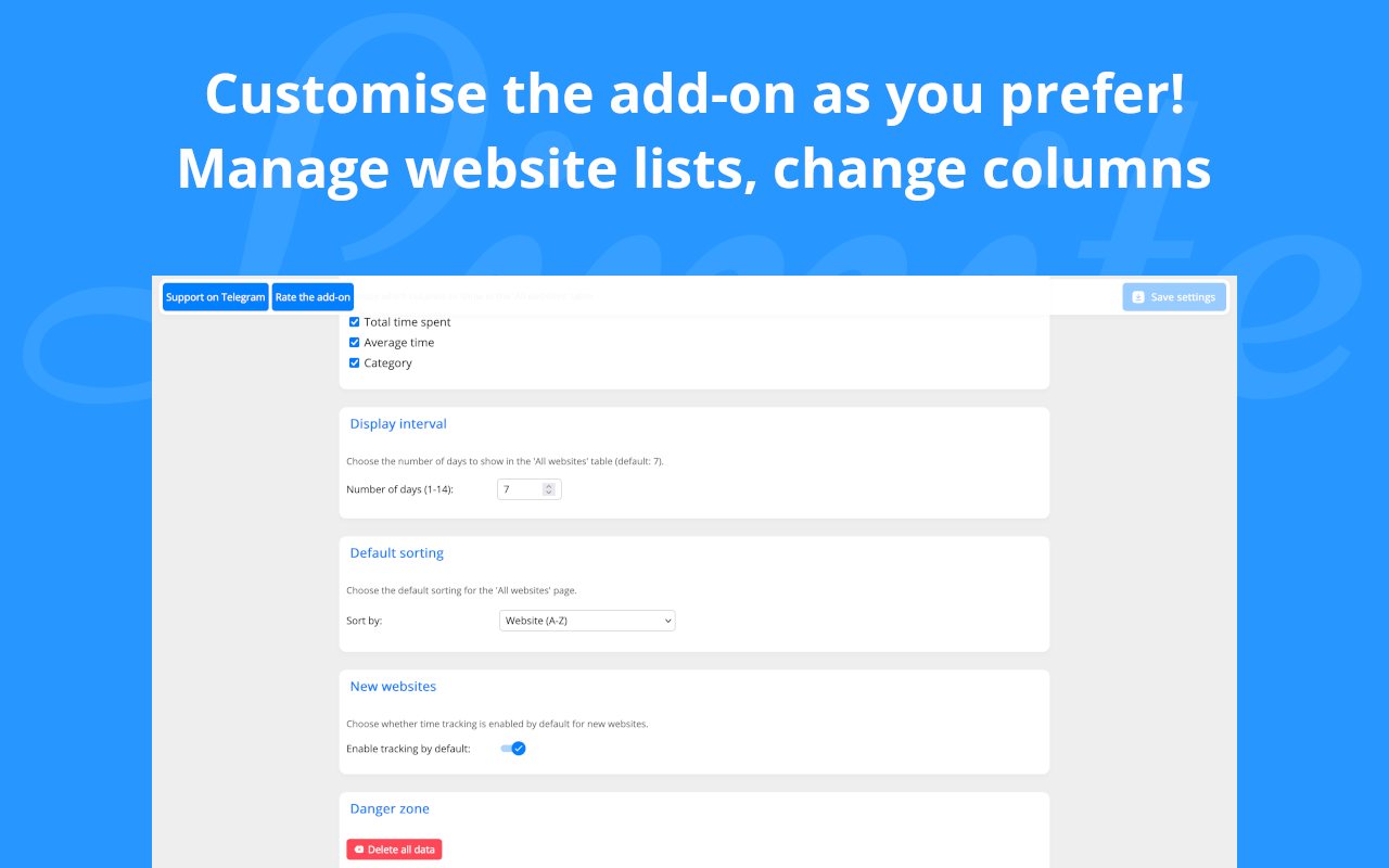 Limite settings: visible columns, display interval, default sorting and tracking of new websites