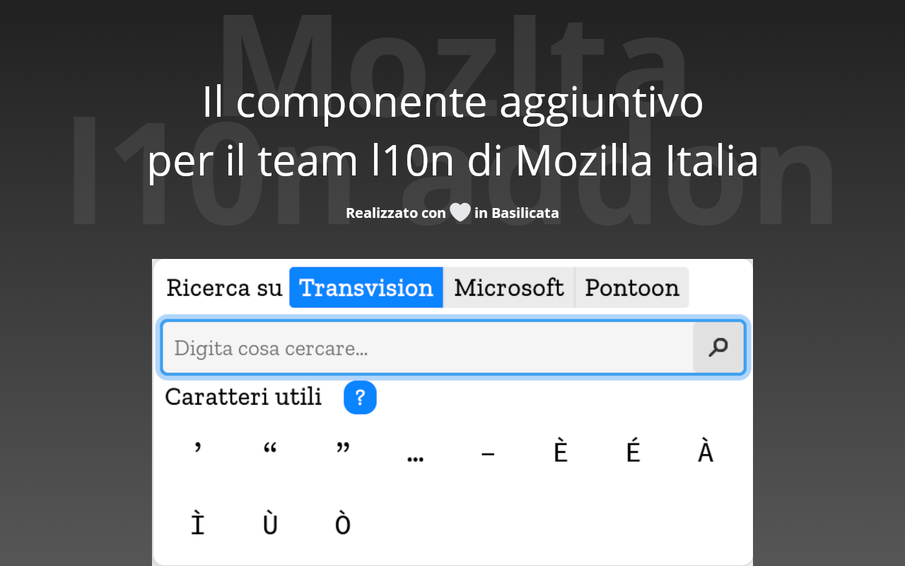 MozIta L10n add-on promo image ('Il componente aggiuntivo per il team l10n di Mozilla Italia') showing the popup with Transvision, Microsoft and Pontoon search tabs and a grid of useful characters