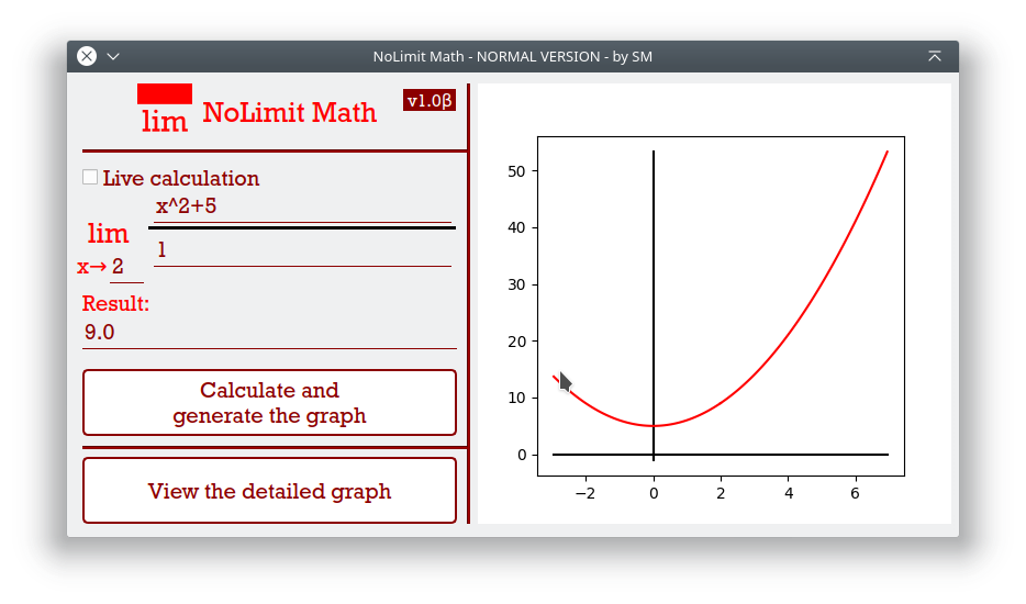 NoLimit Math normal version calculating the limit of (x^2+5)/1 as x approaches 2, showing the result 9.0 next to the plotted parabola