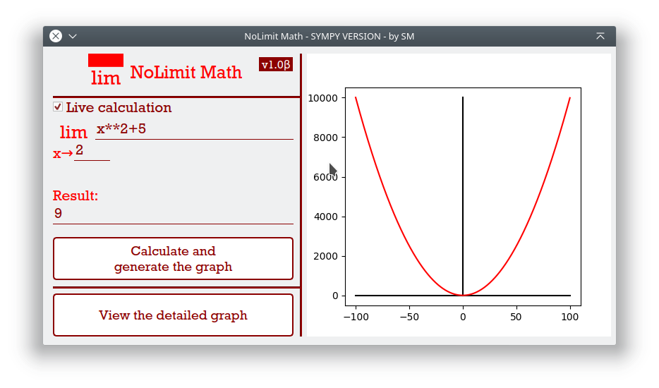 NoLimit Math SymPy version with Live calculation turned on, showing the limit of x**2+5 as x approaches 2 equals 9 with its graph