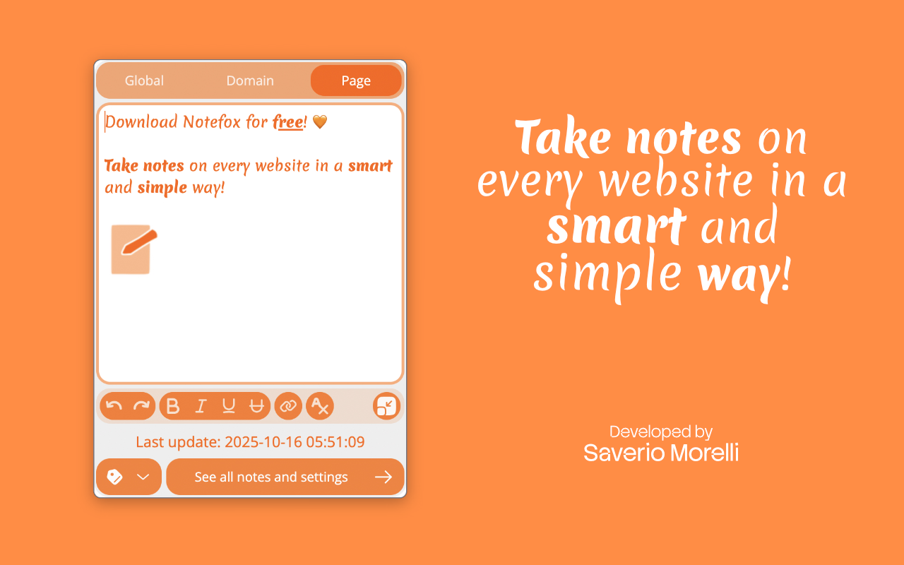 Notefox popup with Global, Domain and Page tabs, a formatted note and the formatting toolbar, next to the tagline “Take notes on every website in a smart and simple way!”
