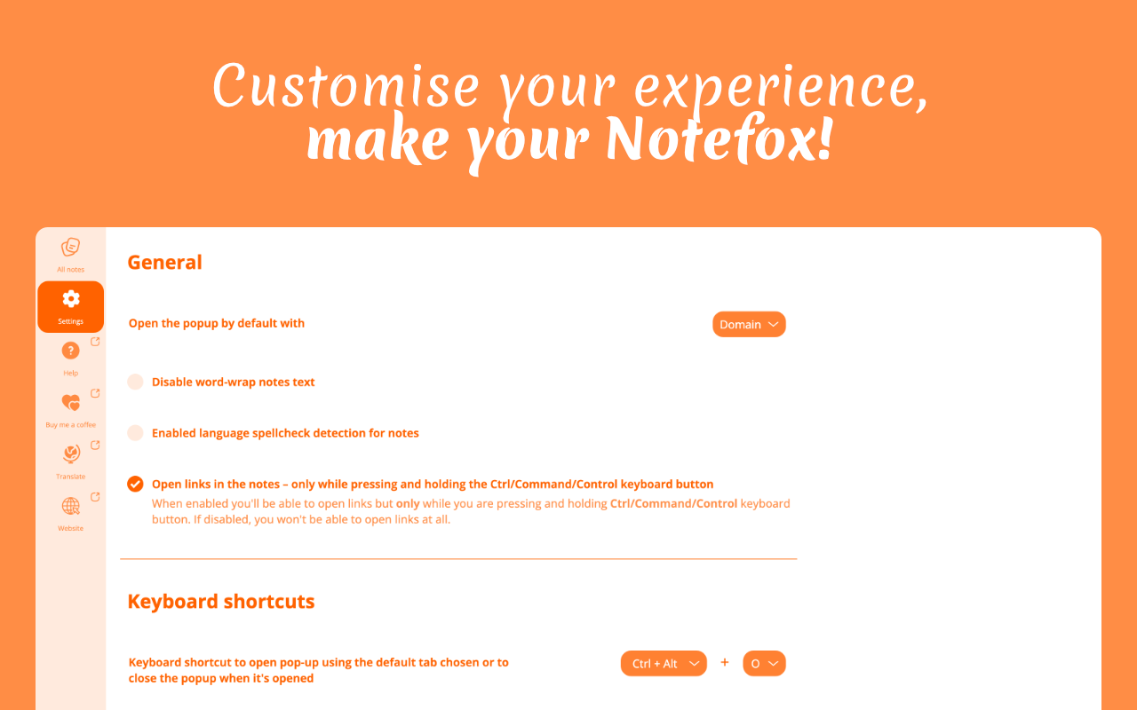 Notefox Settings page with general options and keyboard shortcut settings, under the heading “Customise your experience, make your Notefox!”