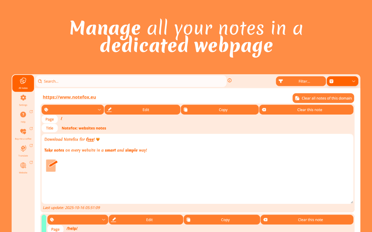 All notes page listing notes for notefox.eu with search, filter, edit, copy and clear buttons
