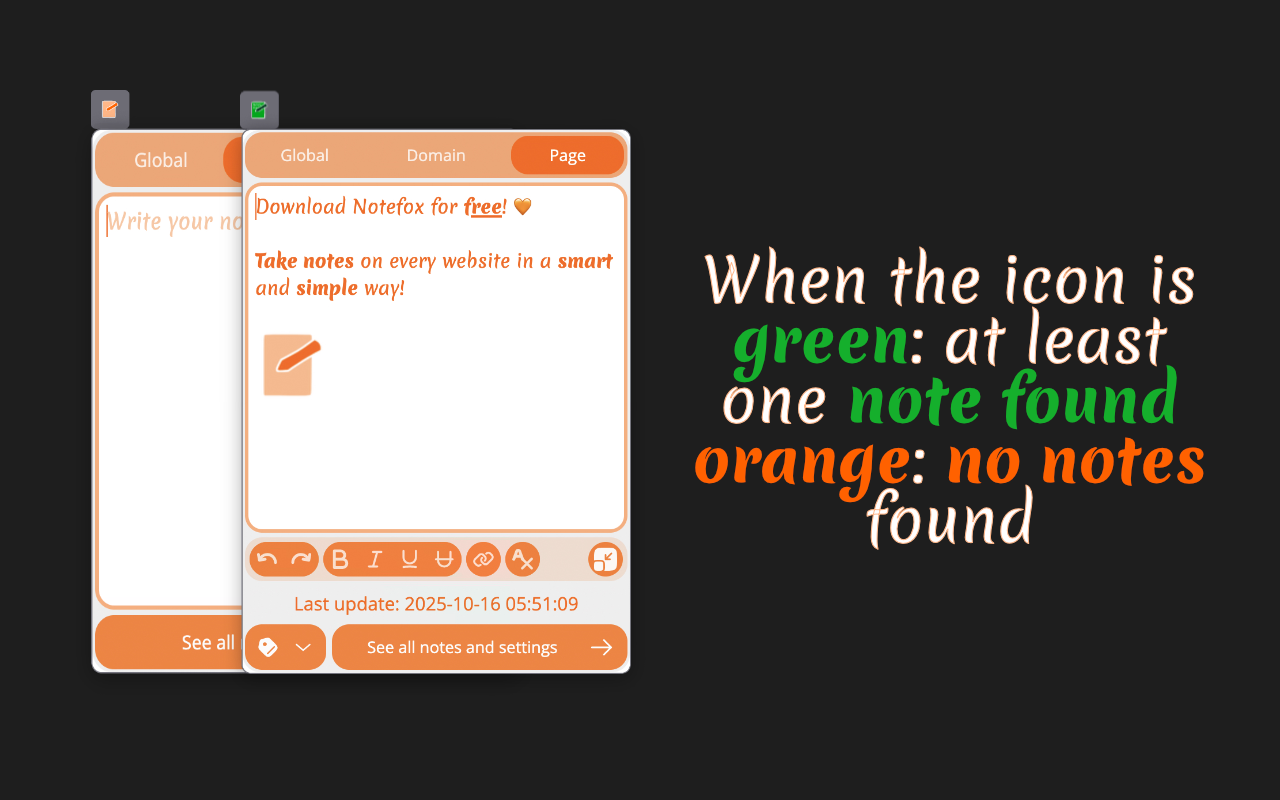 Two Notefox popups explaining the toolbar icon: green when at least one note is found, orange when there are none