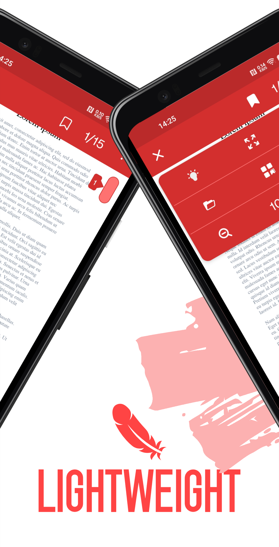 Promotional graphic with the word "Lightweight" and two crossed phones: one shows a PDF with the page counter and a bookmark, the other shows the red menu panel