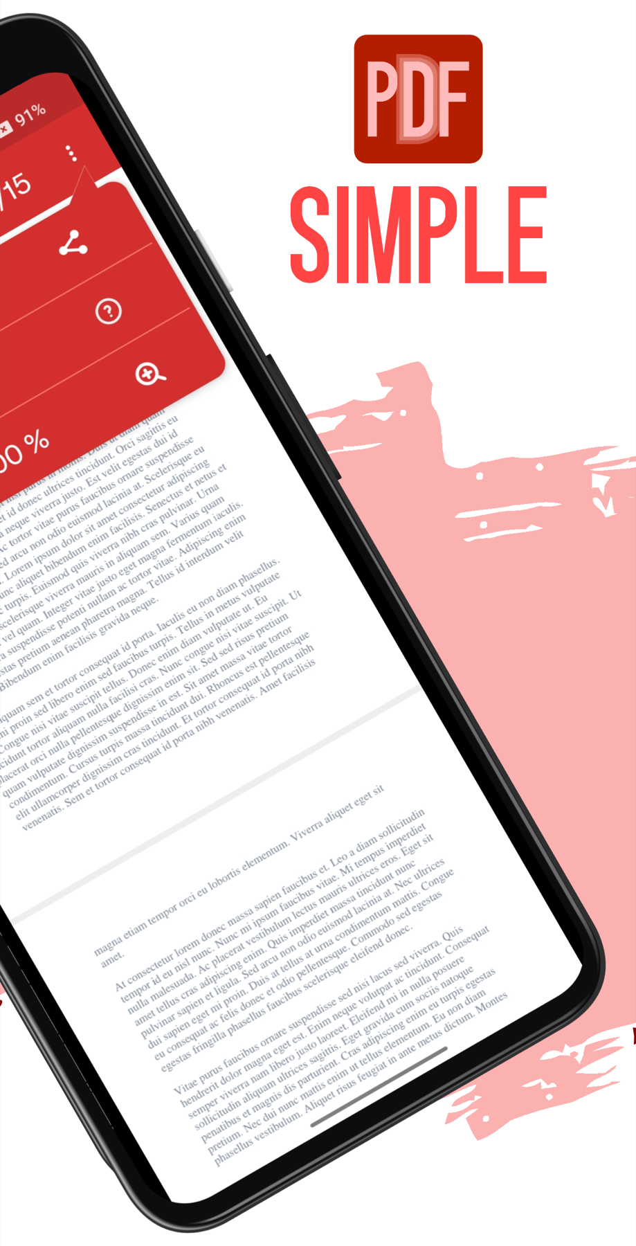 Promotional graphic with the word "Simple" and a PDF logo beside a phone showing the app's menu with share, help and zoom options