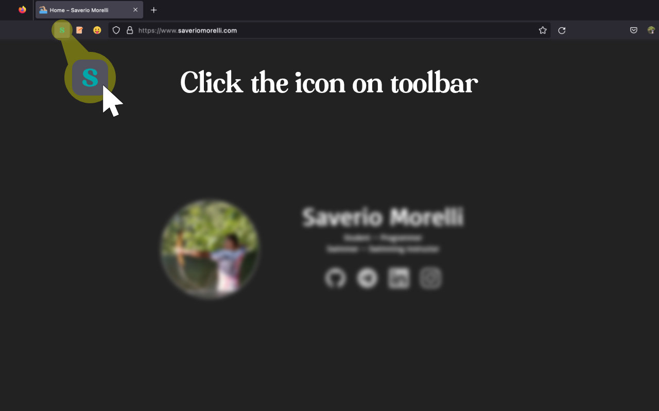 Firefox toolbar with the savmrl.it companion icon highlighted and the caption “Click the icon on toolbar”