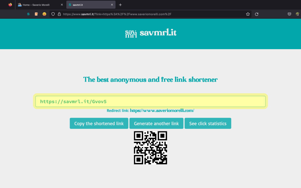 savmrl.it opened by the add-on with the current page already shortened, buttons to copy the link, generate another one or see click statistics, and a QR code