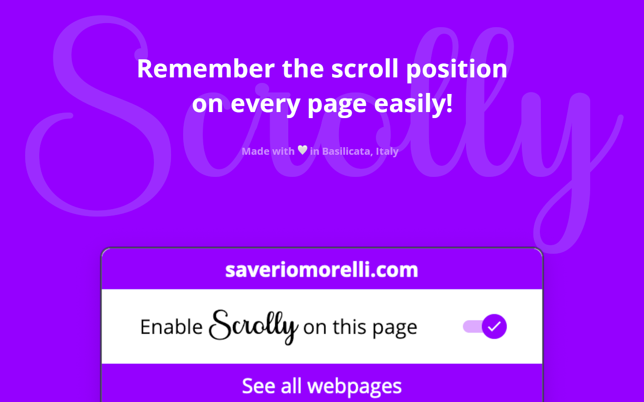 Scrolly promo image reading 'Remember the scroll position on every page easily!' above the popup with the 'Enable Scrolly on this page' toggle