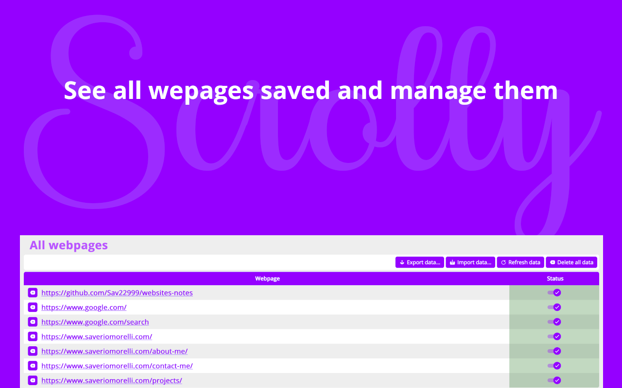 Scrolly 'All webpages' page listing saved pages with their status toggles and buttons to export, import, refresh and delete data