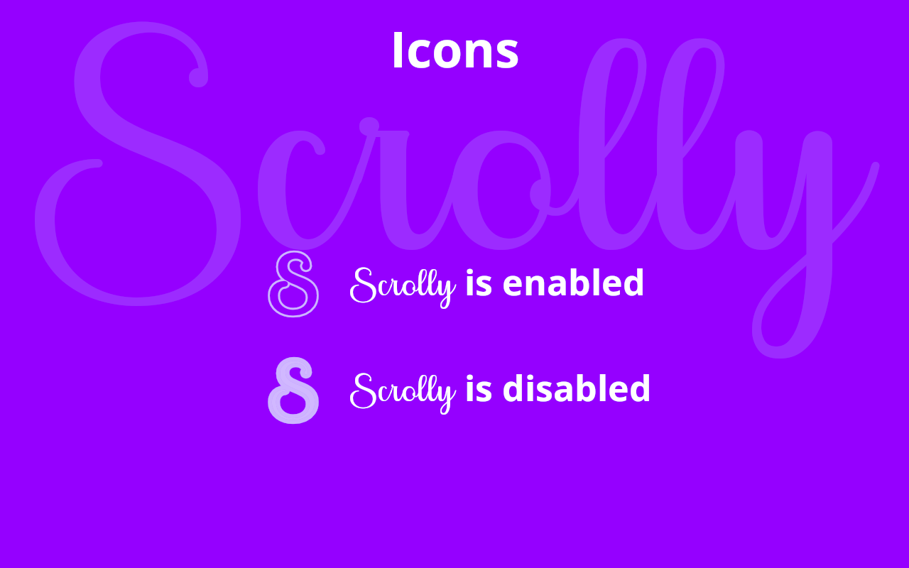 Scrolly toolbar icons: an outlined S when Scrolly is enabled and a filled S when it is disabled