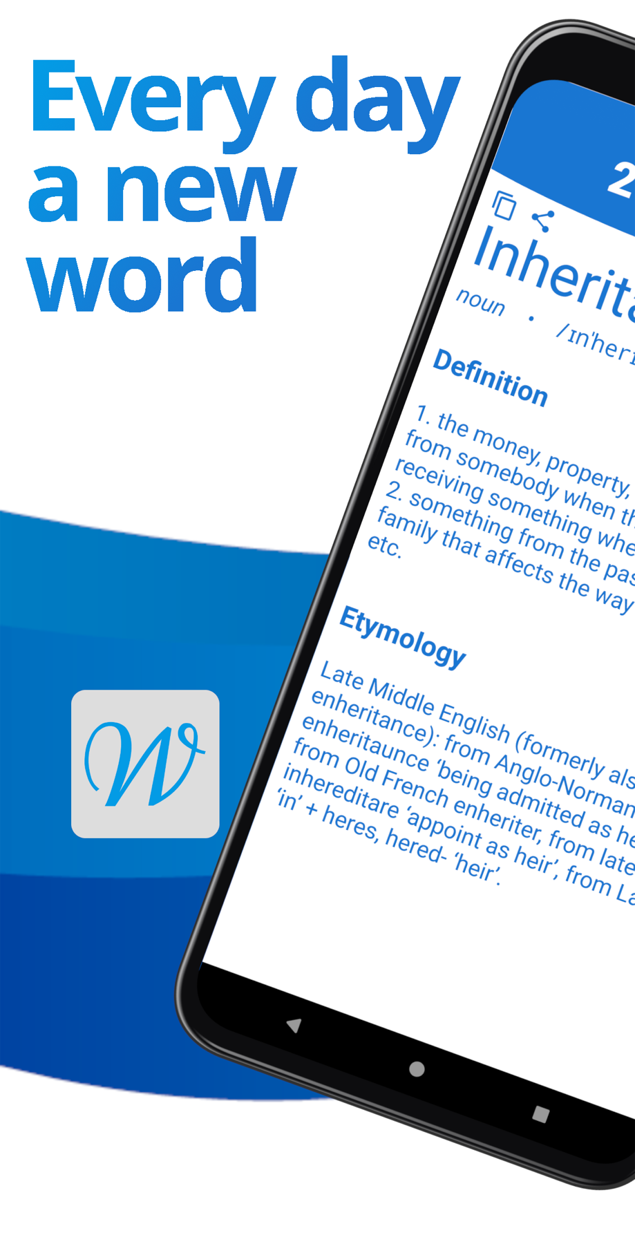 Store graphic reading “Every day a new word” next to a tilted phone showing the word of the day “Inheritance” with its definition and etymology